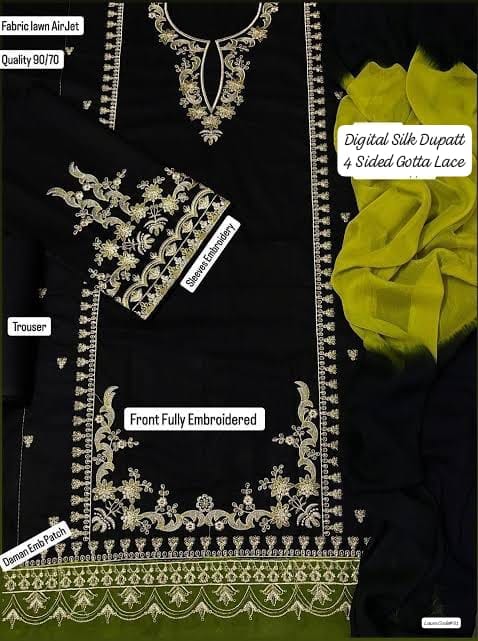 🖤 Elegant Black Embroidered Lawn – 3 Piece Premium Collection