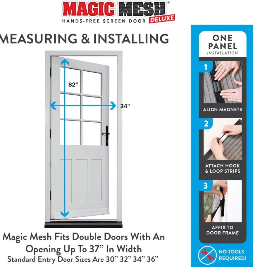 Magic Mesh Deluxe- Hands Free Magnetic Screen Door, Mesh Curtain Keeps Bugs Out, Pet & Kid Friendly- Fits Doors up to 39 x 83 Inches